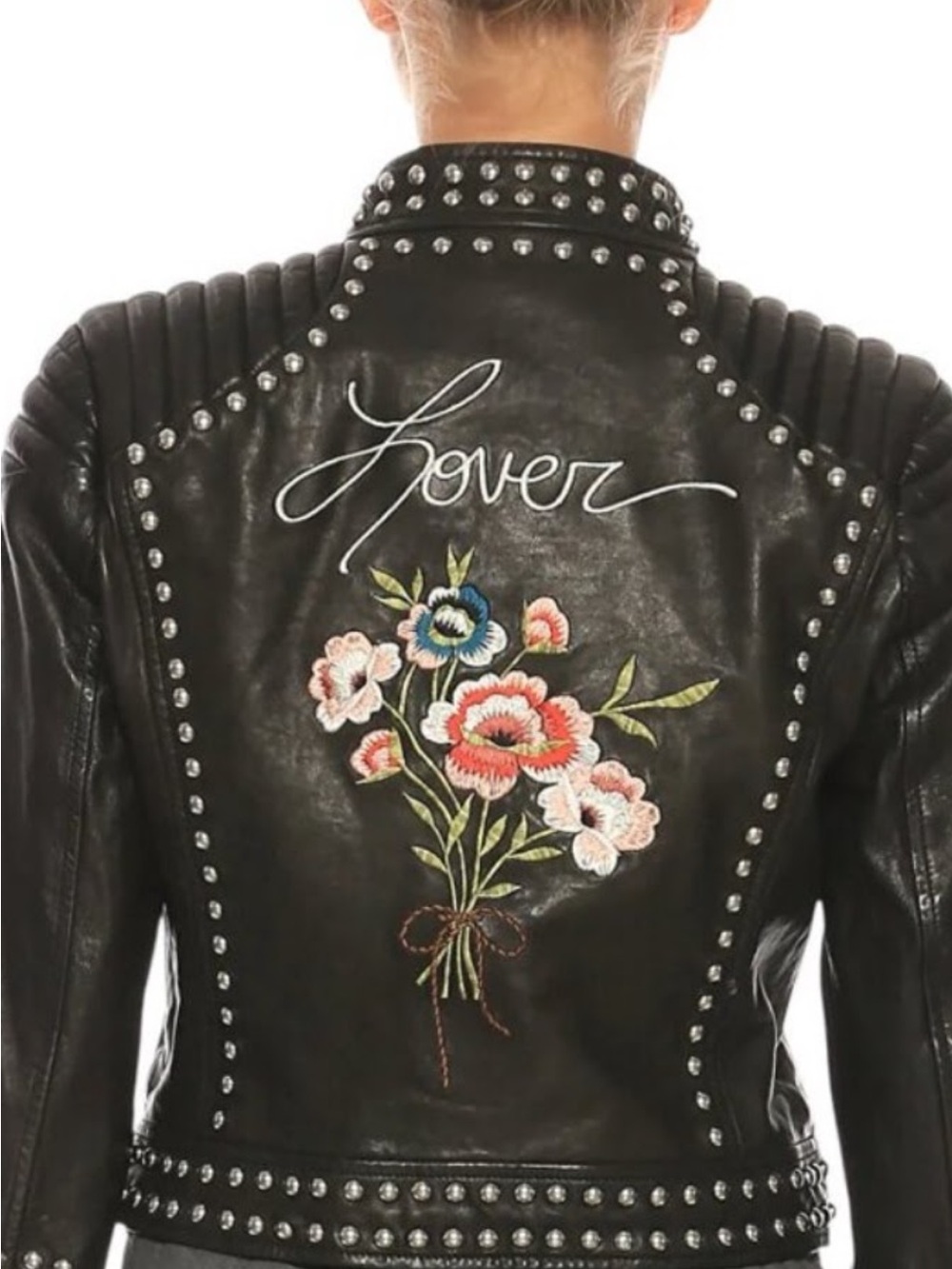 cinq a sept Black Studded Leather Jacket with Embroidered Floral Bouquet